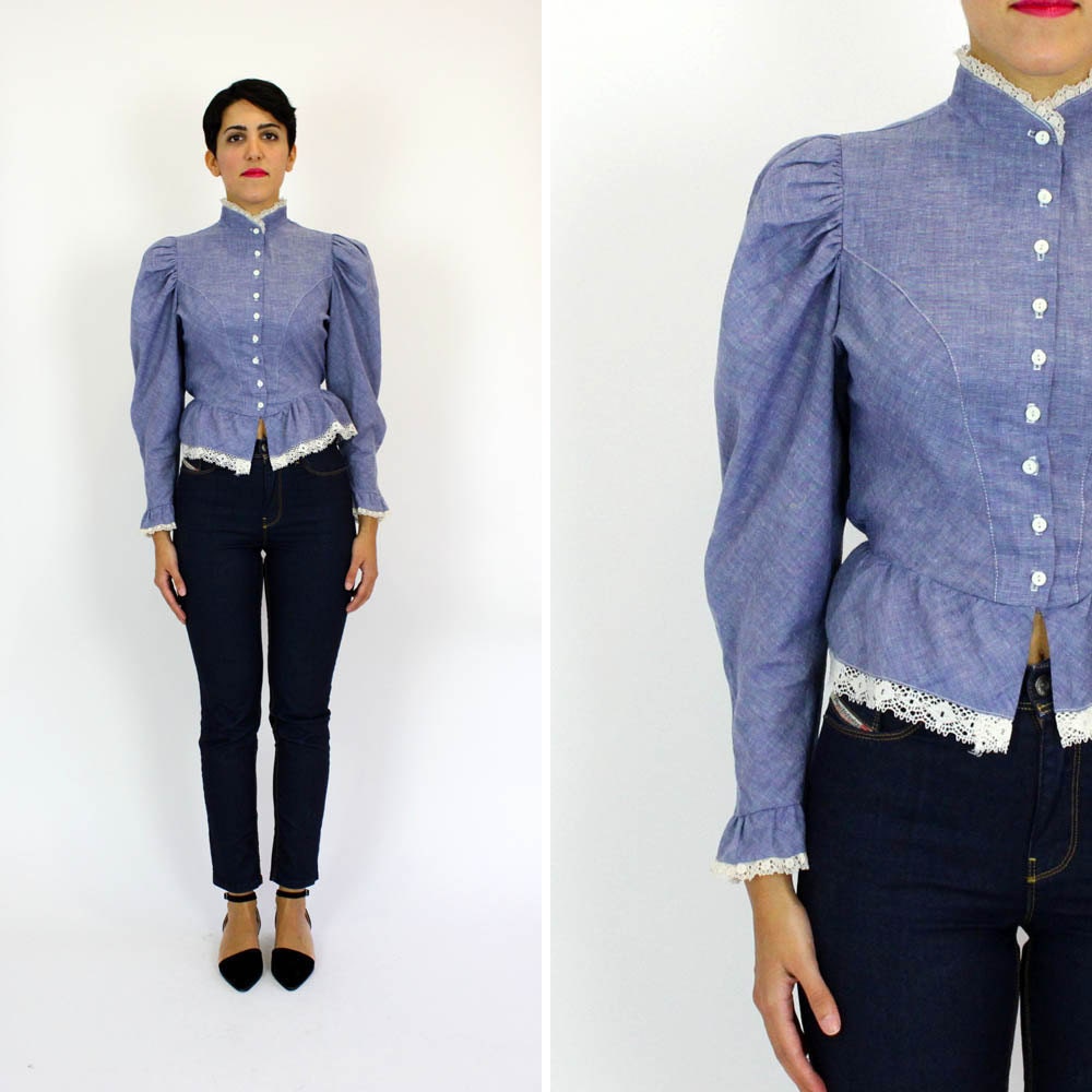 chambray blouse S / Victorian style puff sleeve button shirt