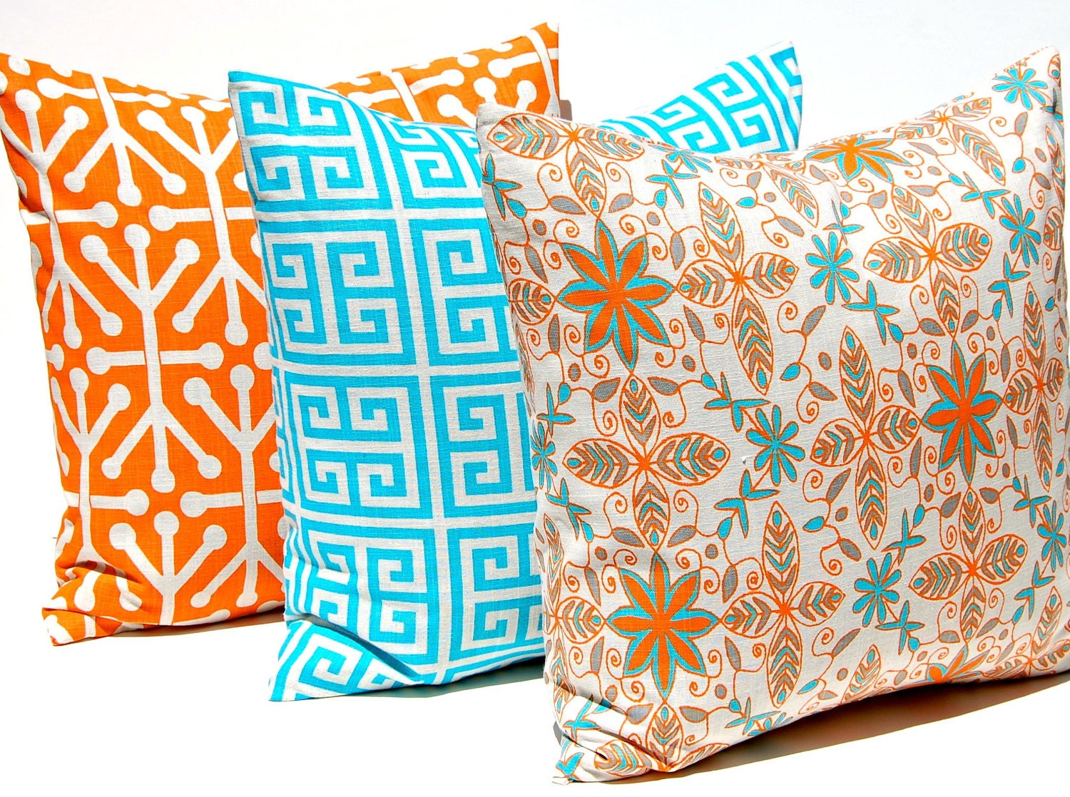 Decorative Throw Pillow Cover Orange and Turquoise on Natural 20 x 20 Inches - Chevron Pillows Greek Key Pillows