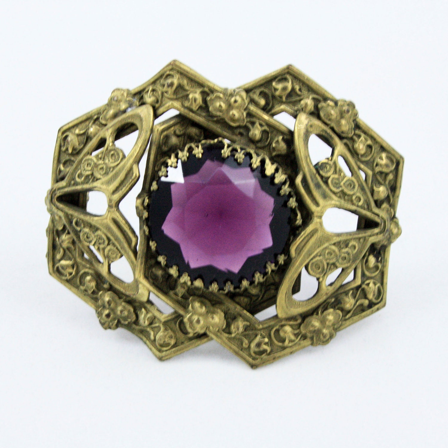 Victorian Amethyst Glass Art Nouveau Brass Sash Pin