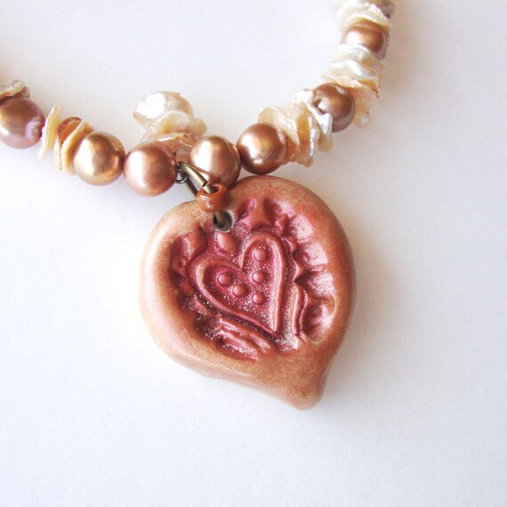 Jewelry Necklace Rose Colored Heart Pendant Coppery Pearls Keshi Accents