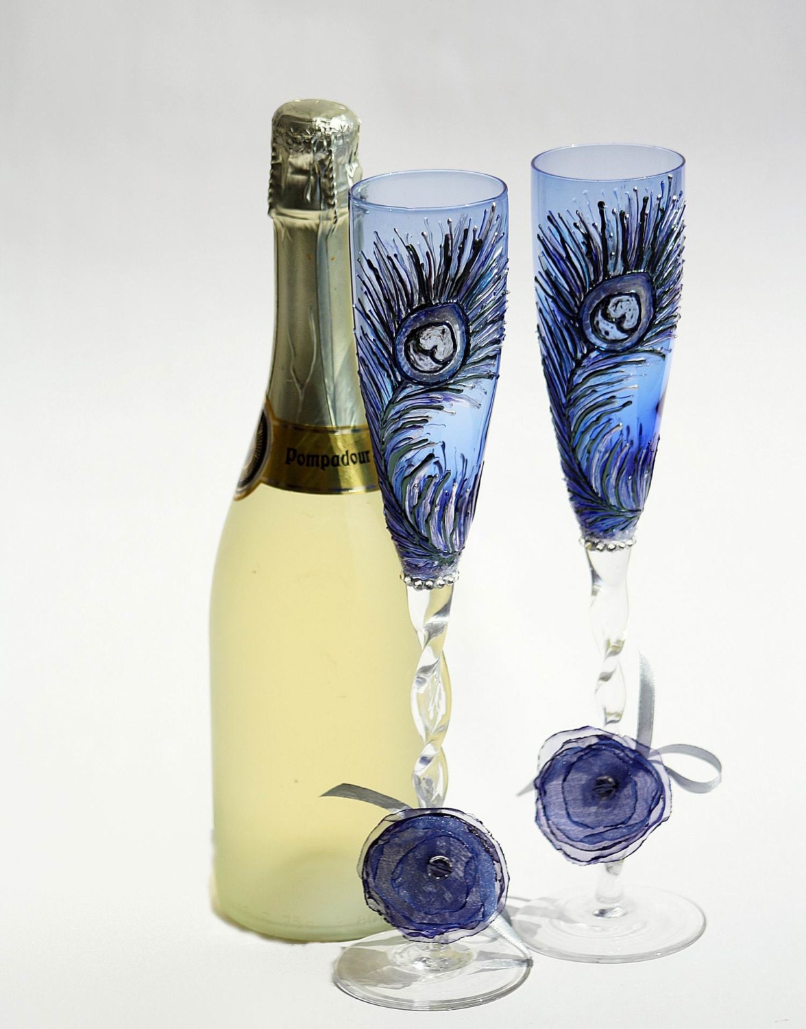 Blue Peacock Wedding Champagne Flutes Hand painted SET of 2 - NevenaArtGlass