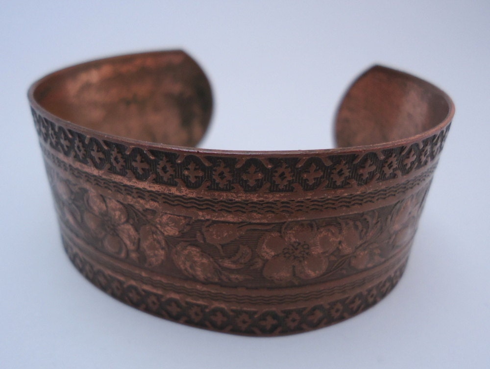 Vintage Copper Cuff Bracelet Floral Geometric Design