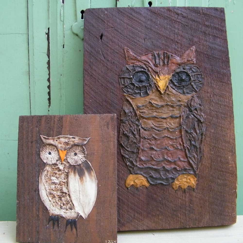 Woodland Owls Rustic Painting on Barn Wood Set of Two