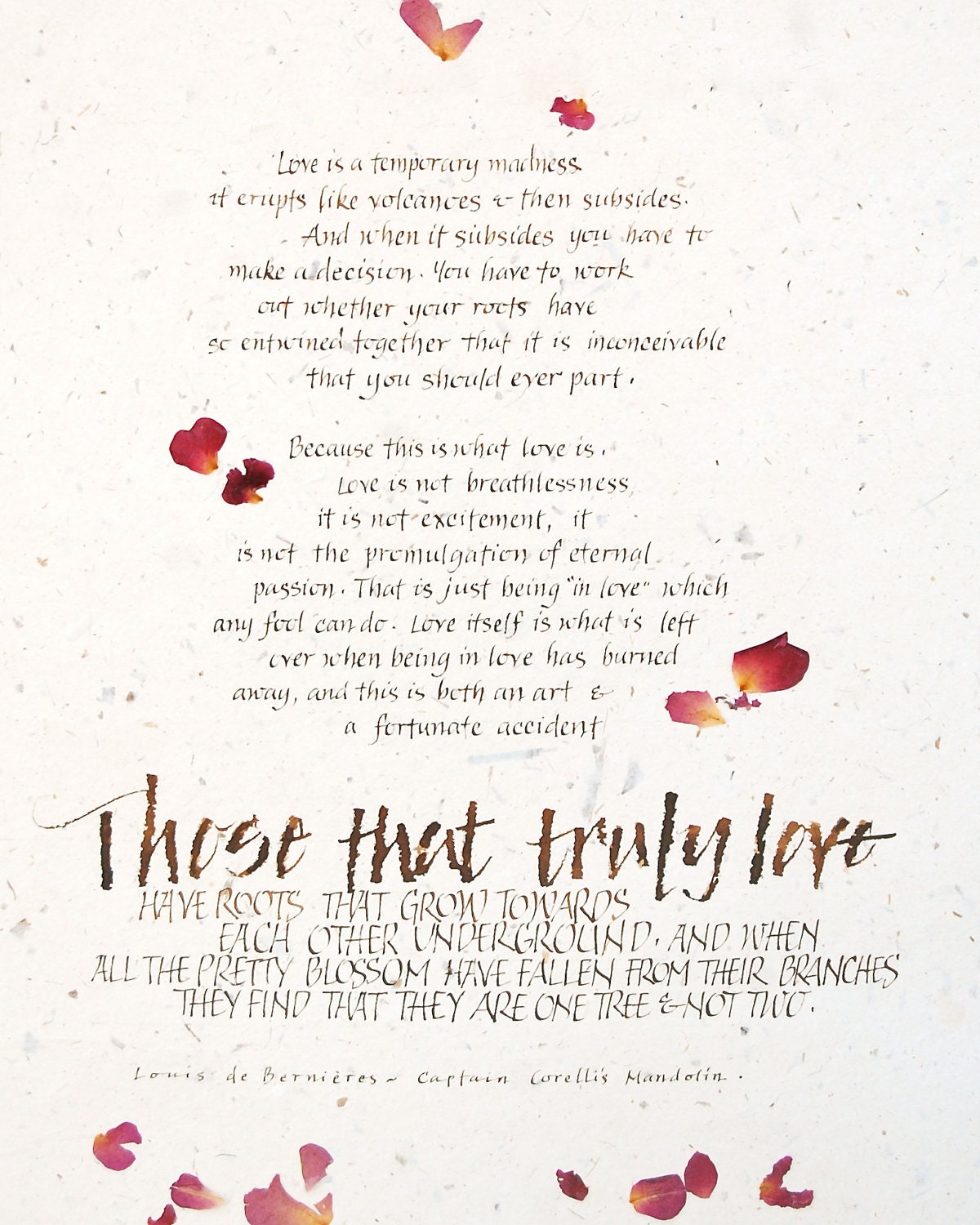 Personalized wedding gift,  8 x 10 PRINT, Captain Corelli, love, engagement, anniversary, petals, calligraphy, brown