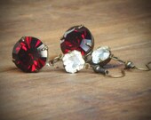 Red Rhinestone Dangle Earrings, Garnet, Valentine, Estate Style