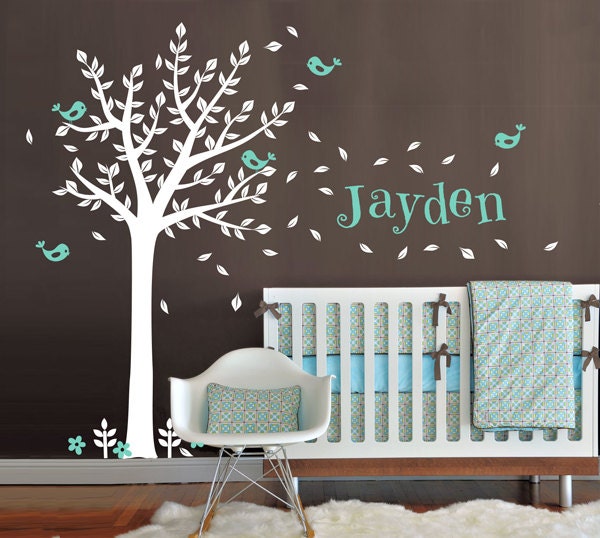Baby Nursery Vinyl Wall Decals, One Color Tree and Birds with Custom Name Wall Decal Set