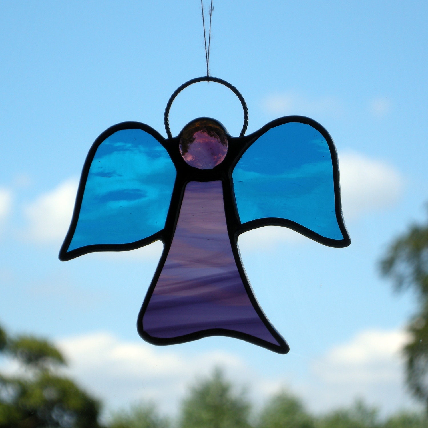 Stained Glass ornament (Angel) abstract, purples & aqua blue
