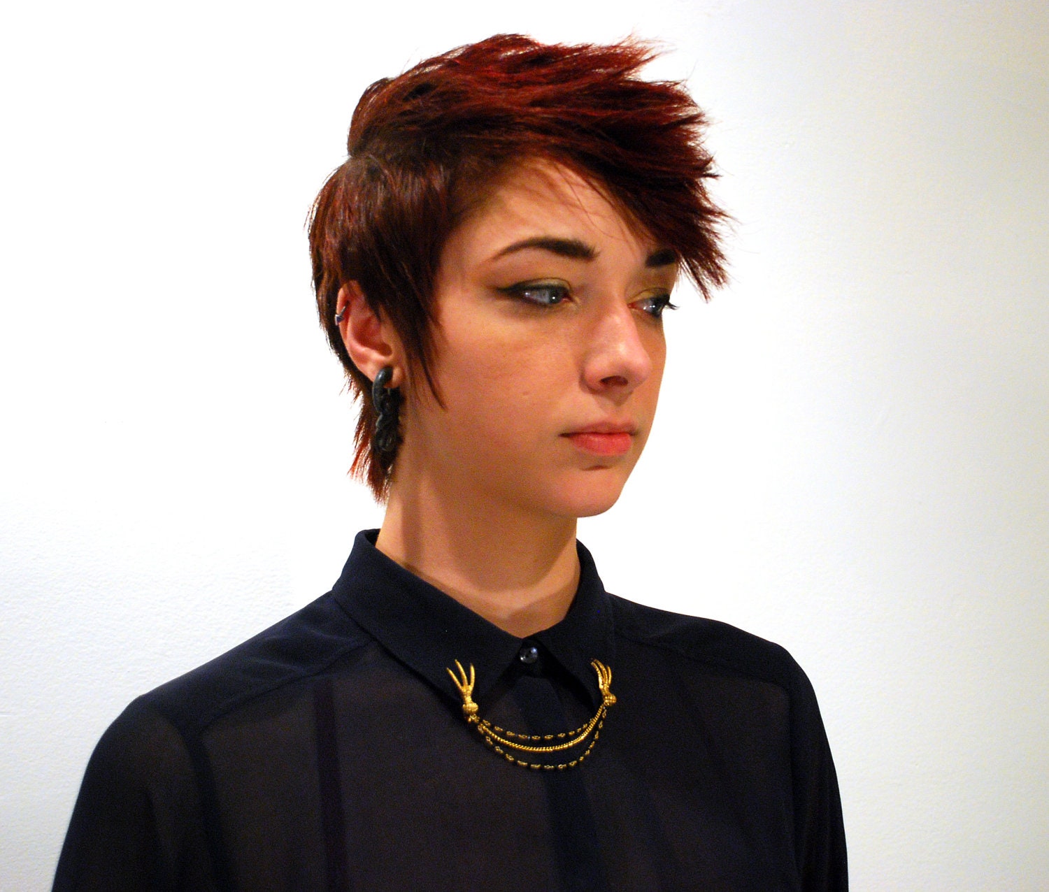 Collar Clips, Brass Claw Lapel Clips with 14k Gold Black Rosary Chain