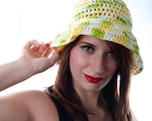 Crochet Summer Sun Beach Hat in Yellow Green and White Small / Medium - AddSomeStitches