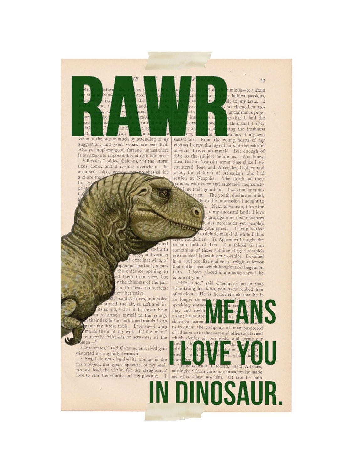 dictionary art green RAWR Means I LOVE YOU in Dinosaur book page print
