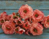 Silk Flowers - TWO SETS Artificial Pom Pom Roses in Coral Pink - Very SMALL Flowers - Silk Flowers
