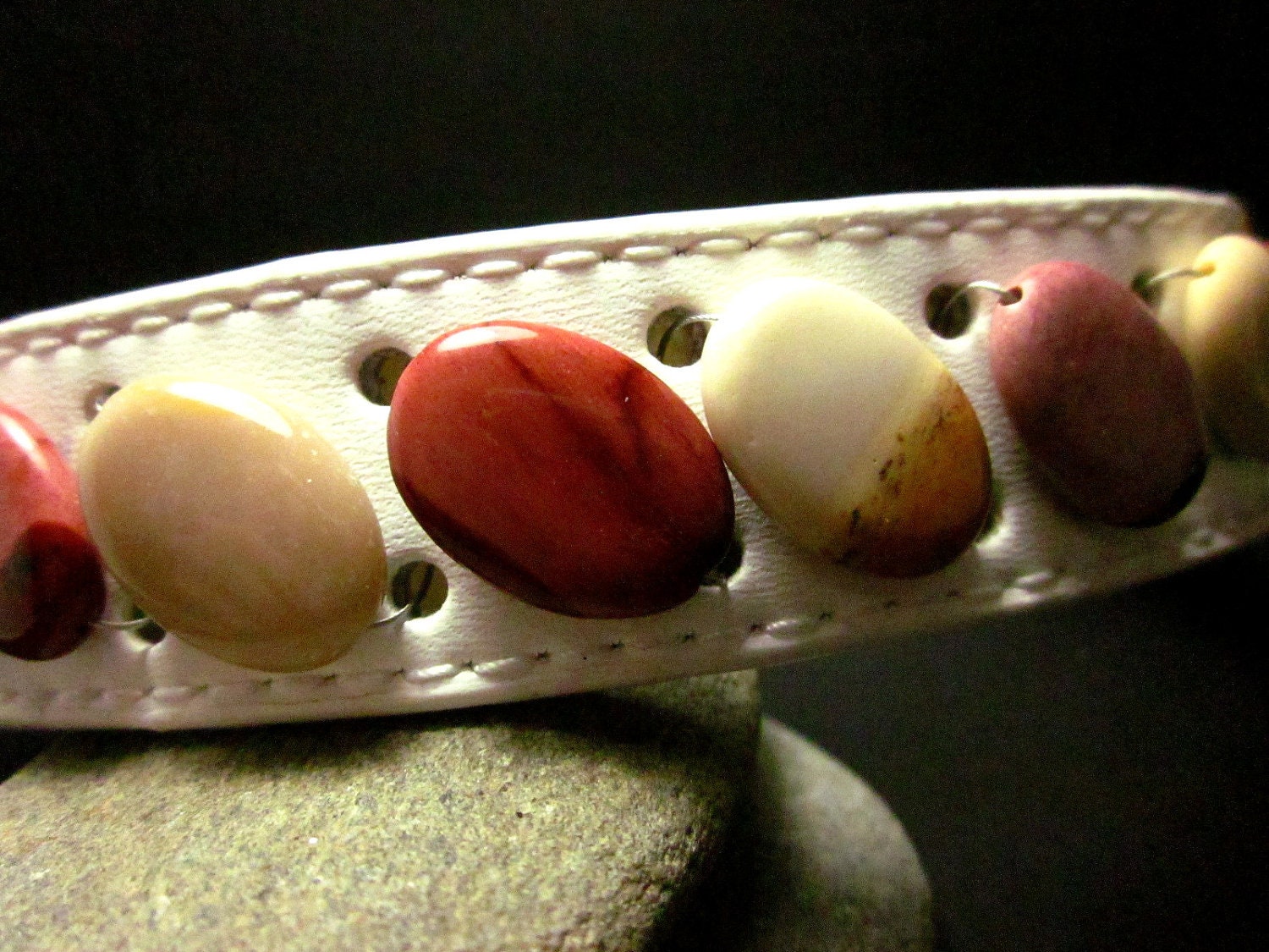Large White Leather Beaded Dog Collar Handcrafted with Australian Moukaite Stone Beads