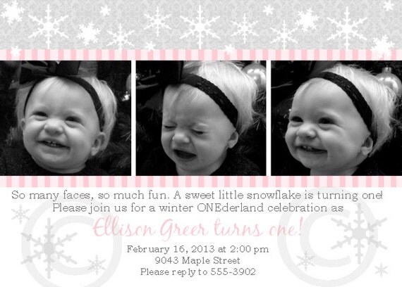 Gray Pink Snowflakes Printable Photo Invite for Birthday Party or Baby Shower DIY Invitation by BeeAndDaisy Il_570xn