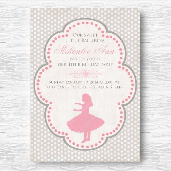Vintage Ballerina Silhouette Invitation for Birthday Party or Baby Shower Printable DIY Girls Gray Ballet Invite by BeeAndDaisy Il_570xn