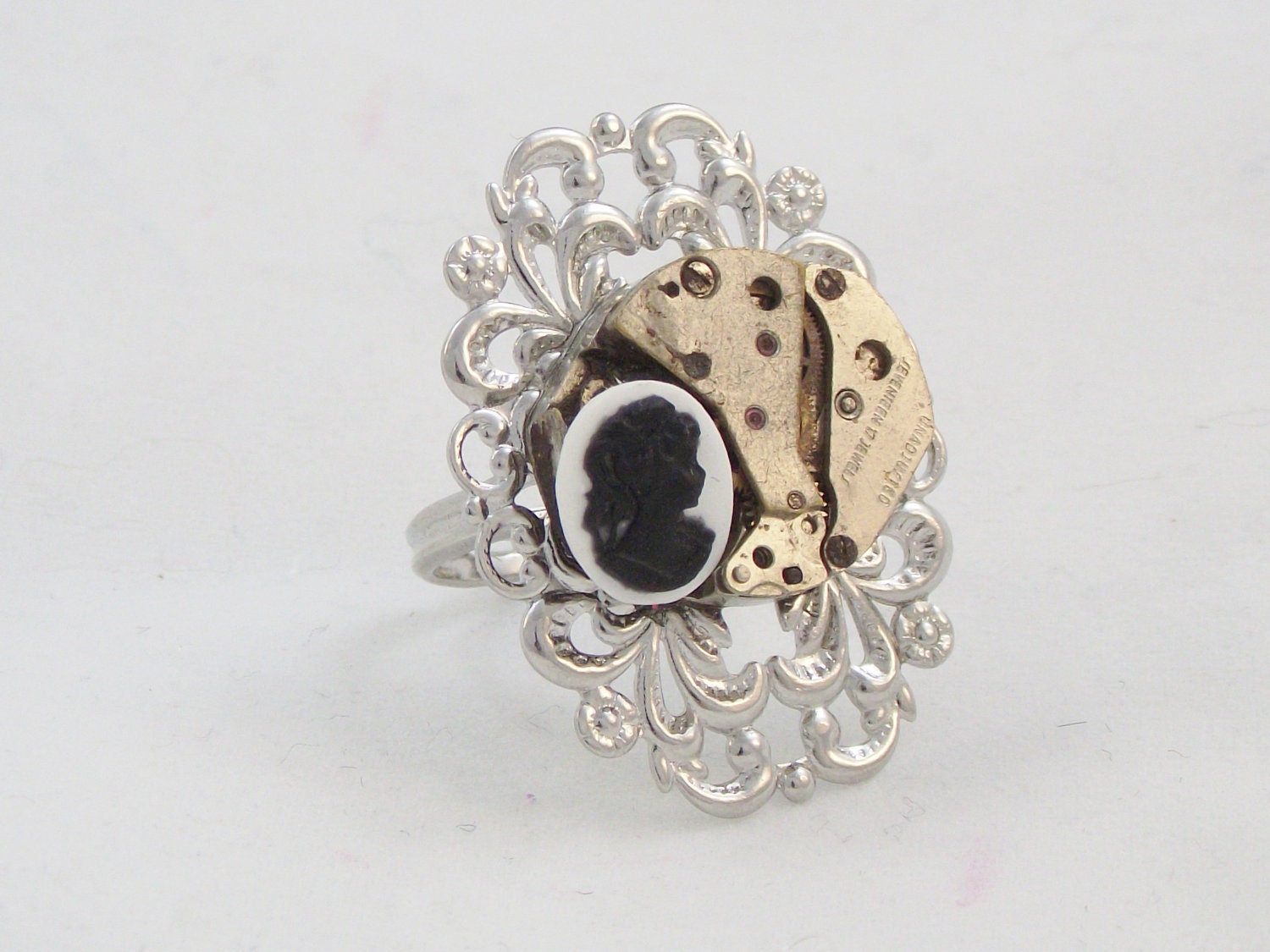 Steampunk Cameo Ring Recycled  Rings Women Upcycled Jewelry Neo Victorian Watch Movement Edwardian Cogs Gears Adjustable Filigree 17 jewels