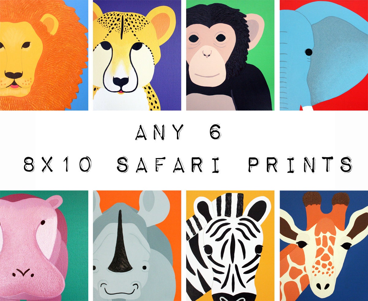 Nursery Art Safari Animal Prints for baby / Child. Pictures of jungle zoo animals for kids rooms and playrooms