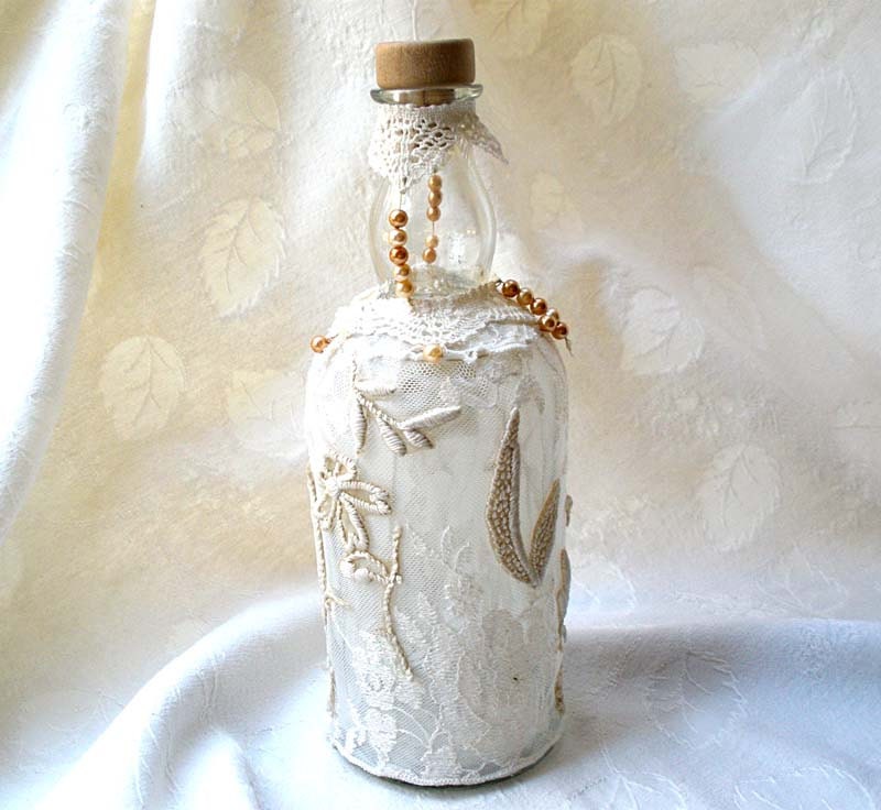 Crochet lace decorate bottle, all with vintage atmosphere work, special for unique home. Its nature color ,Charm, shabby  chic item