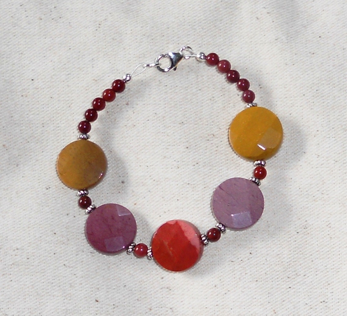 Yellow, red and purple Mookaite jasper bracelet semiprecious stone jewelry  in a colorful gift bag 559