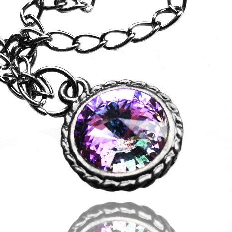 Happy Father's Day Sale - Swarovksi Rivoli Vitrail Light Purple and Blue Round Crystal Pendant Gunmetal Necklace (Get 12% OFF)