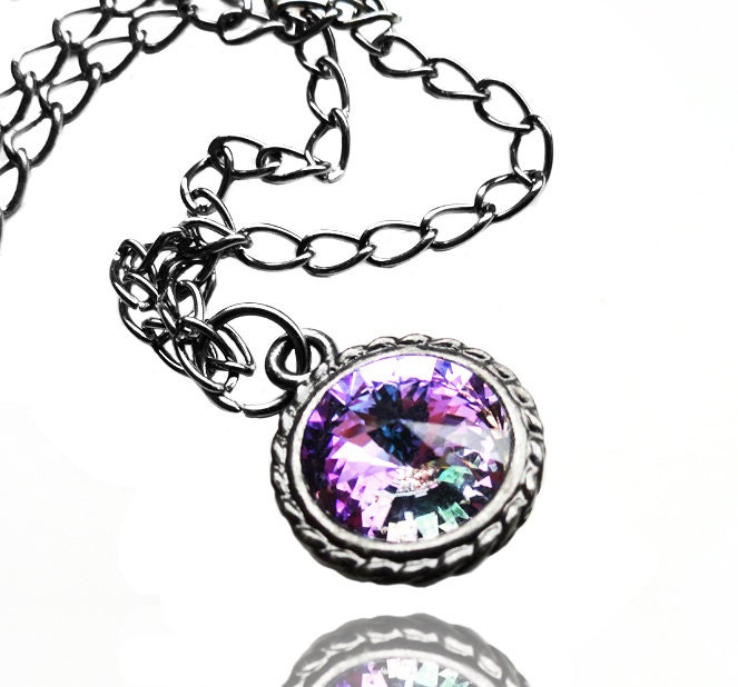 Happy Father's Day Sale - Swarovksi Rivoli Vitrail Light Purple and Blue Round Crystal Pendant Gunmetal Necklace (Get 12% OFF)