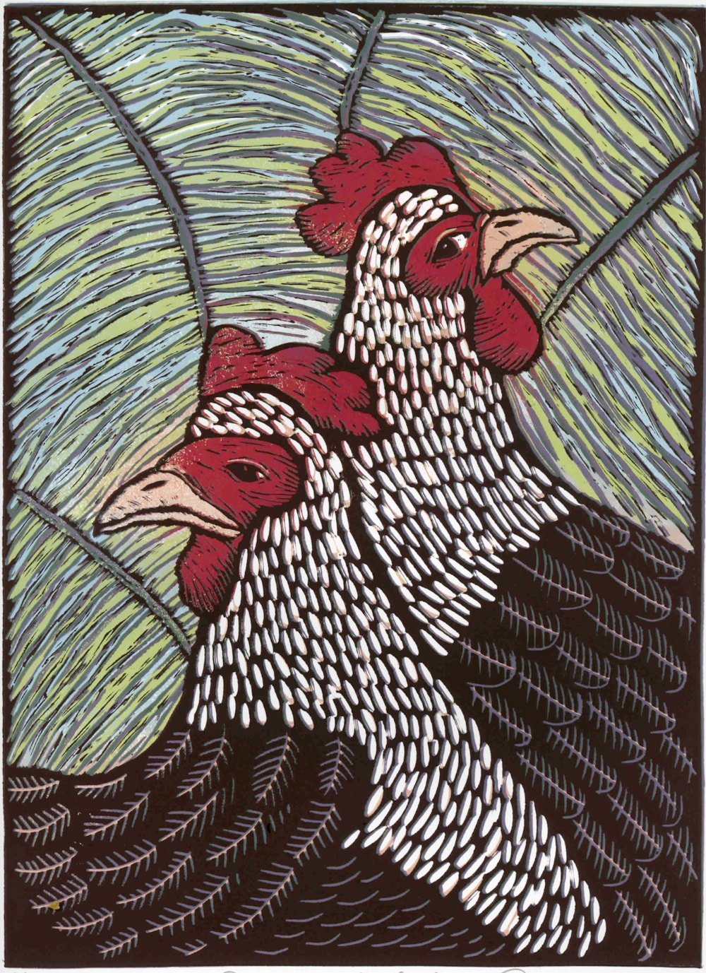 linocut reduction print, Pecking Order, 2 hens in strong vibrant colors on white paper