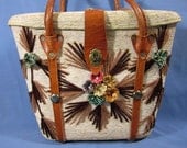 Vintage Straw Purse or Tote - 60s-70s decorated straw handbag or tote - leather handles - beach chic, urban chic