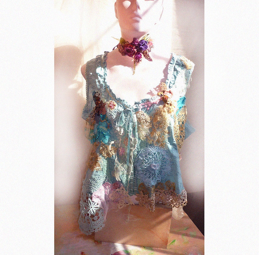 SALE Lovely Unique Turquise  Cotton Jacket/Vest /Corset/Bolero Laces COTE d'AZUR Hippi Victorian Antique Boho  Wilde Summer very Feminine