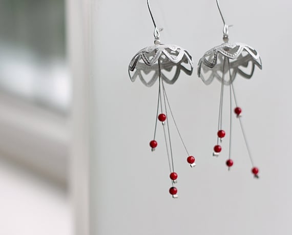 White red delicate dangle earrings- statement- beaded- chandelier- filigree and coral beads