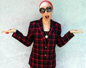 Be My Valentine - Vintage 60s Mid Century Mod Red/Green/Navy/Gold Plaid Dress Jacket/Blazer w Brass Buttons Size 7/8 9/10