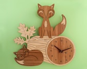 Fox Clock: Wood Bamboo Woodland Animal Wall Kids Clock