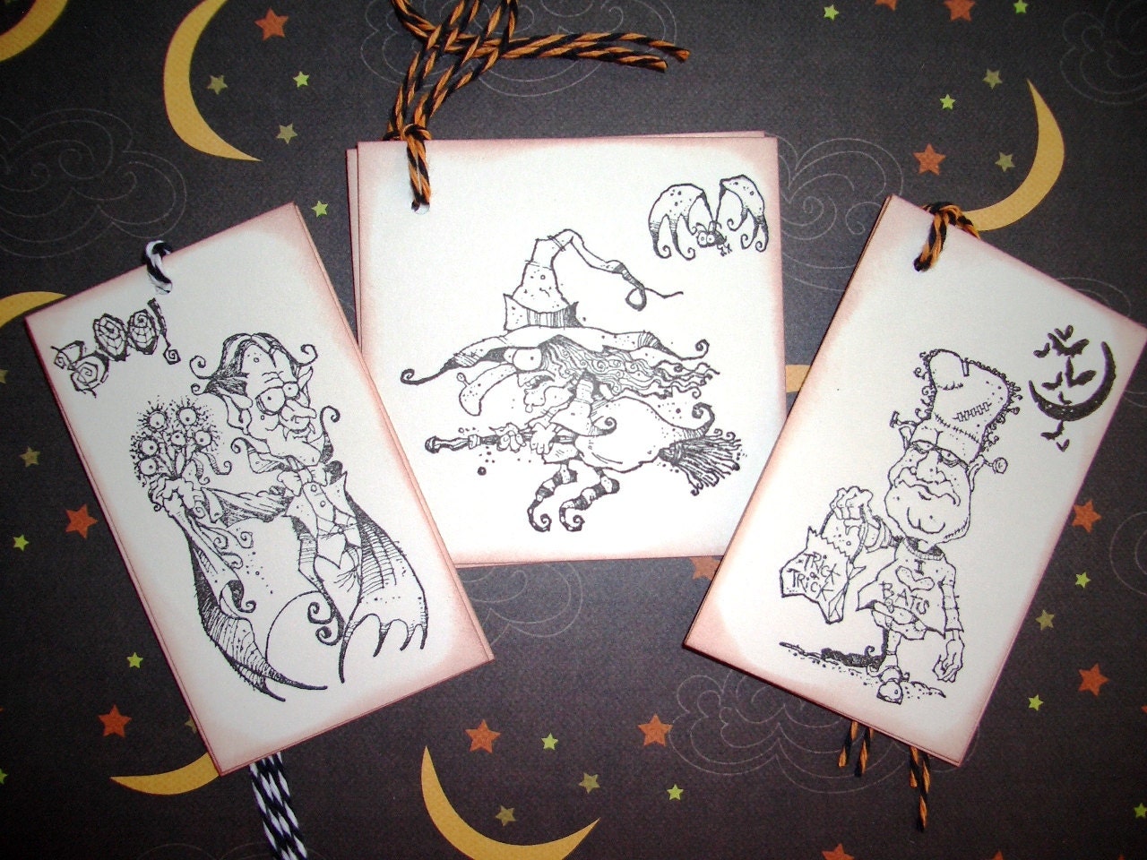 Halloween Tags - Assortment  -  Frankenstein Count Dracula Witch - Handstamped - Wish Tree Tags - Set of Six