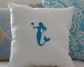 Beach Decor White Linen Mermaid Embroidered 16x16 Pillow