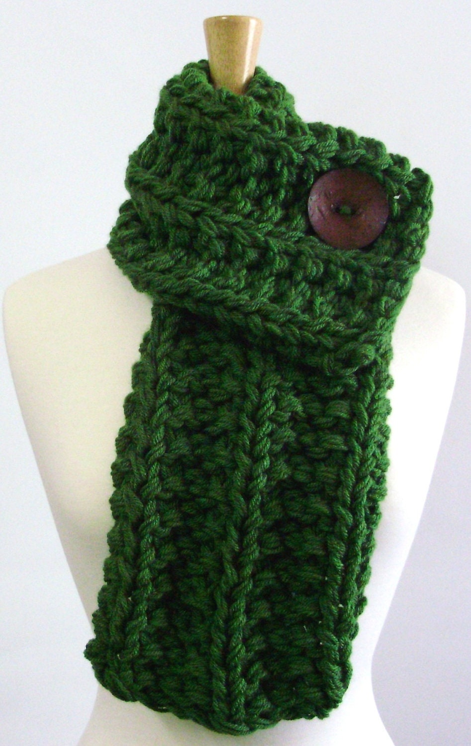 RESERVED - Kelly Green Chunky Knit Cowl Scarf with Large Brown Button