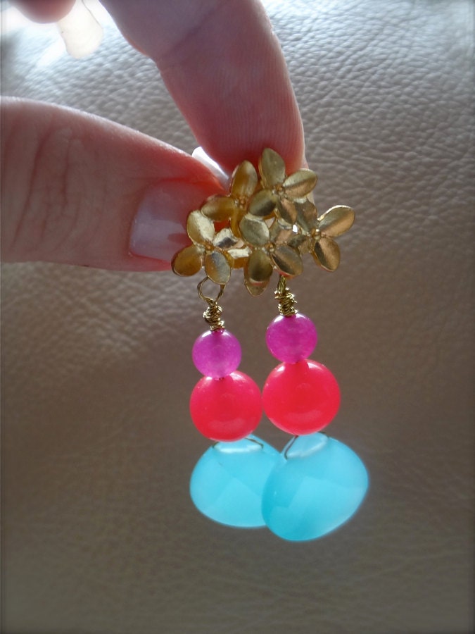 Bahama Breeze: Gold plated cherry blossom flower earrings with blue, pink, fuchsia beads