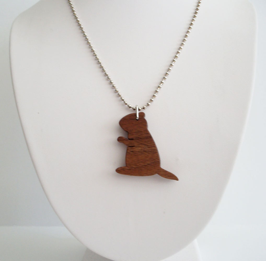 Groundhog Necklace Woodchuck Walnut Hand Cut Wood Animal Pendant Scroll Saw