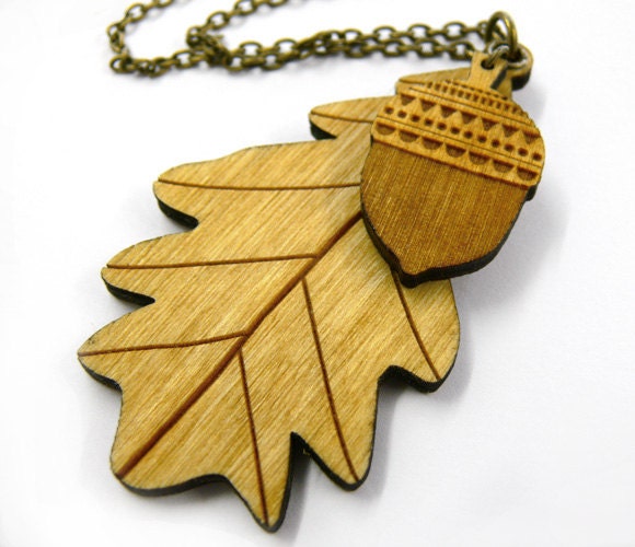 Wooden Leaf and Acorn Necklace