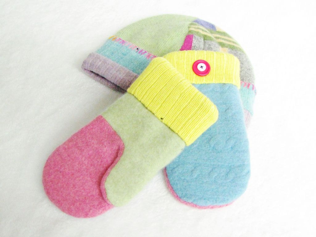 Felted Wool Sweater Mitten & Hat Set Made from Recycled Upcycled  Sweaters, Fleece Lined, Custom Knit Wool Cuff Size Adult Small - 6