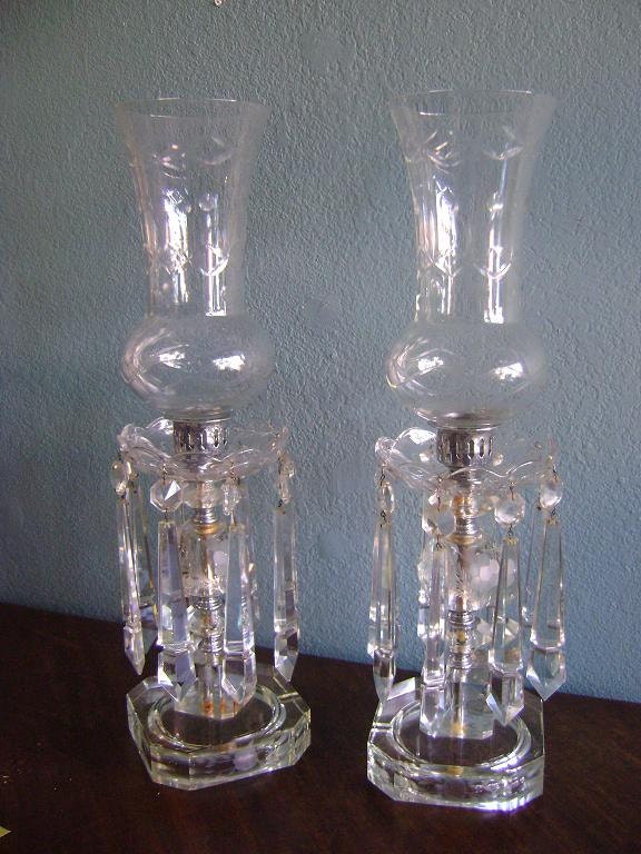 Items similar to Antique Crystal Hurricane Oil Lamp Candlestick Prisms