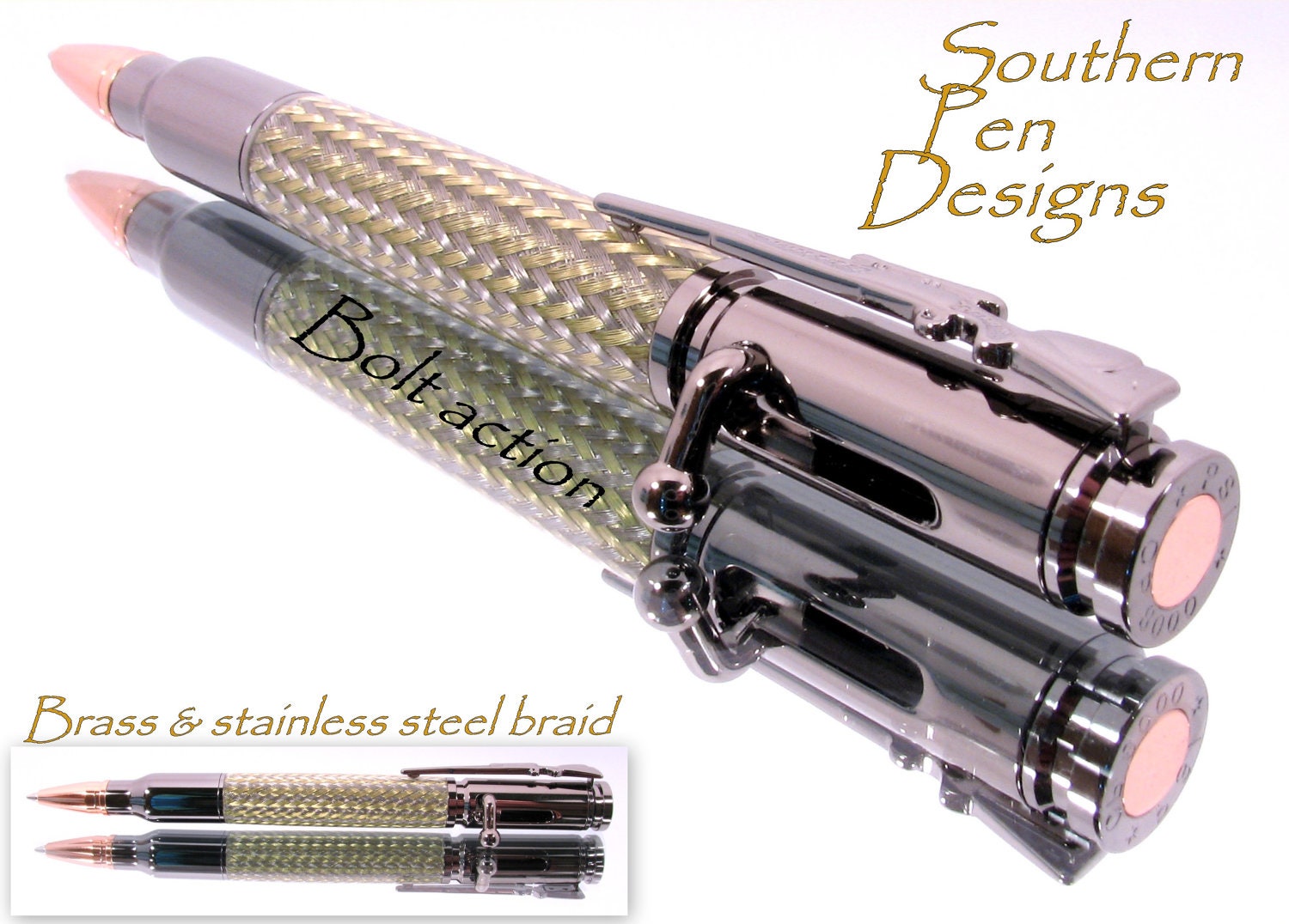 Bullet pen with stainless and brass  braid. Bolt action ink advance. Very cool.
