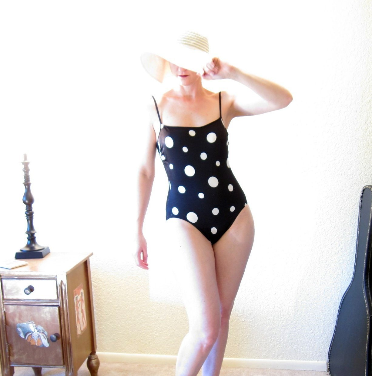 Vintage 80s Polka Dot Swimwear. Swimsuit. Bathing Suit. Black & White. Size S - ChatteJolie