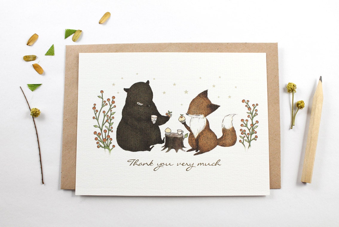 10 Thank You Very Much Notecards - Bear and Fox