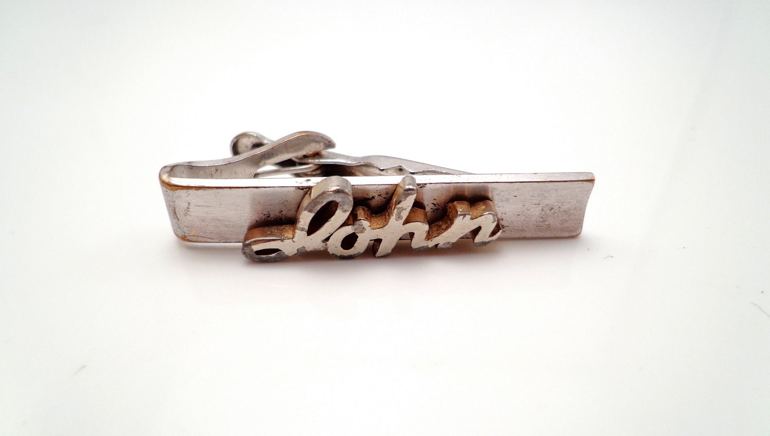 Vintage Silver Tone Tie Clip Personalized John by Swank 1950s