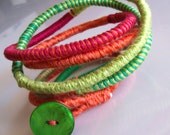 Fiber art bracelet necklace multicolored,  summer fashion, green orange fuchsia lime stripes