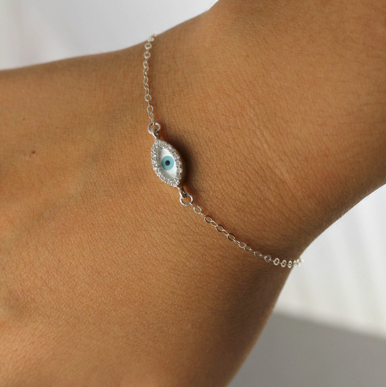 Evil Eye Bracelet, Lucky charm Bracelet, Sterling Silver Evil Eye, Cubic Zirconia Crystal, Birthday Gift, Mother Gift, Celebrity Bracelet