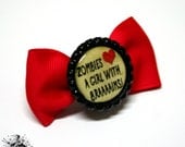 Zombies Love a Girl With Braaaains- Red Bottle Cap Button Bow Hair Clip