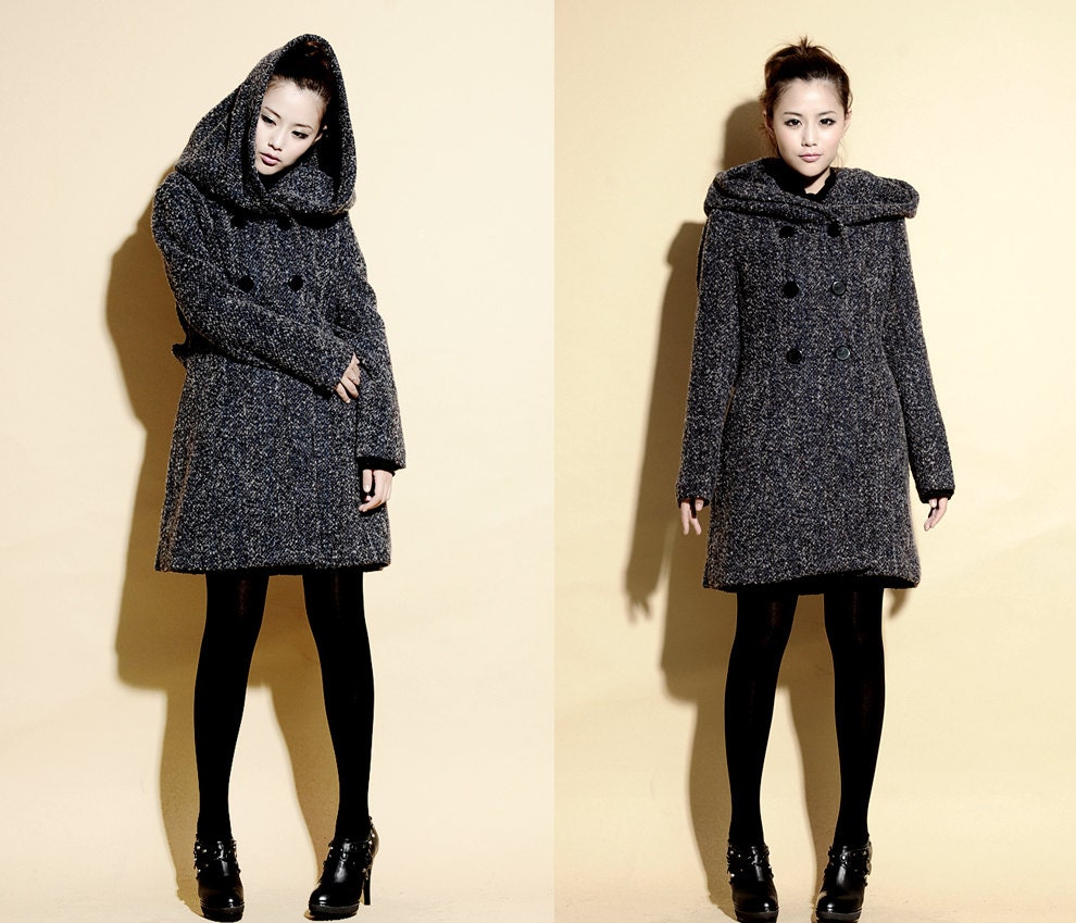 Life Under a Hood Textured Wool Coat/ Wool Hoodie Coat with Belt/ 15 Colors