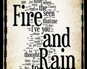 Fire and Rain - James Taylor - Word Art 8x10 Woodblock Print - Gift Idea