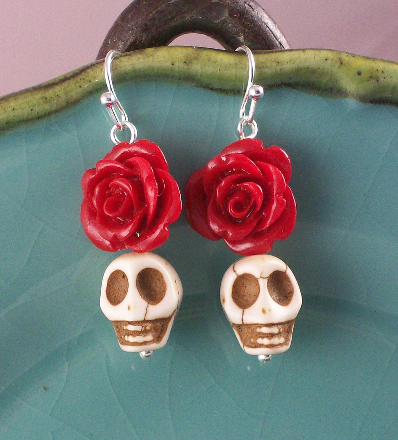 Red Rose and White Sugar Skulls earrings