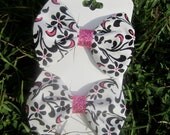 Fabric Hair Bow Set: Pink, Black and White Hand Sewn Flower Scroll Bows
