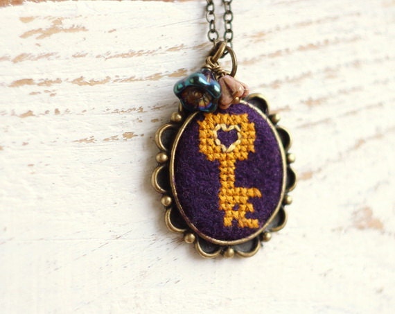 Textile necklace - cross stitch key - embroidered key necklace